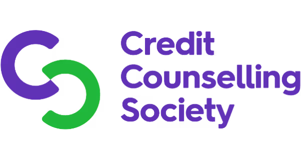 The Credit Counselling Society logo features a stylized, interlocking "C" icon in purple and green next to the company name in purple text.