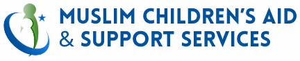 Logo for Muslim Children's Aid & Support Services, featuring a stylized icon of an adult and child figure embraced by a blue crescent moon and a small star, next to the organization's name in bold blue text.