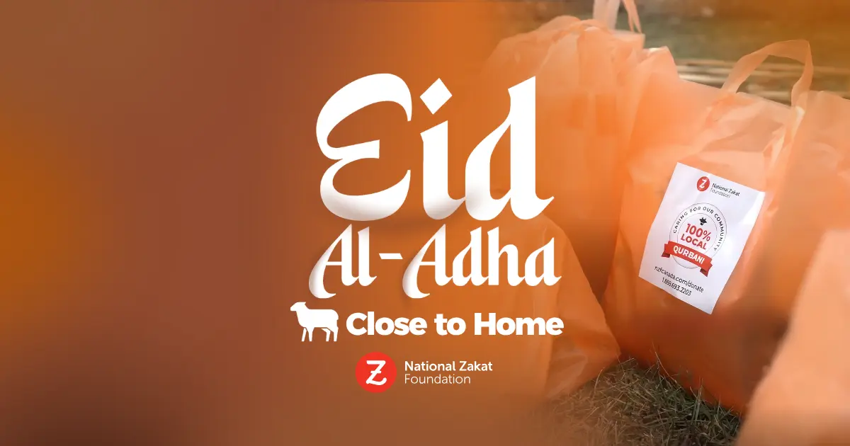 Eid al-Adha promotional image featuring orange bags labeled '100% Local Qurban' by National Zakat Foundation, evoking community warmth.