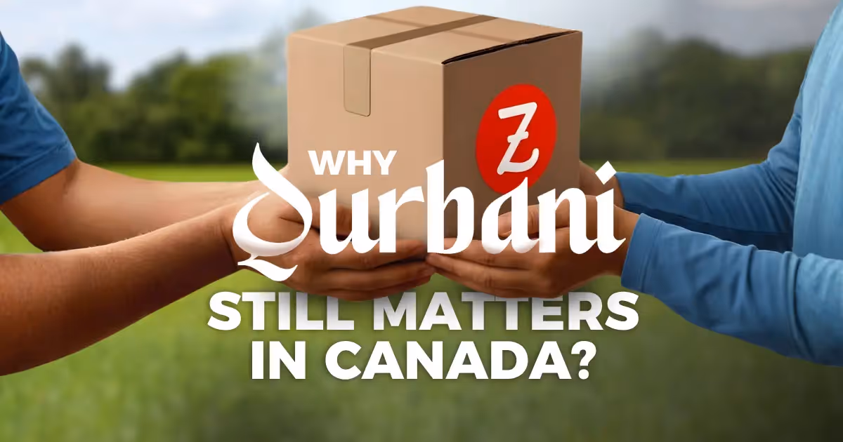 Two hands exchanging a cardboard box in a grassy field. The text reads, "Why Qurbani Still Matters in Canada?" The tone is informative and thoughtful.