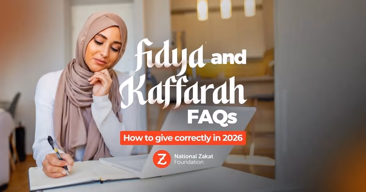 A woman in a hijab writes in a notebook with a laptop open beside her. Text overlay reads "Fidya and Kaffarah FAQs: How to give correctly in 2026." Calm and focused tone.