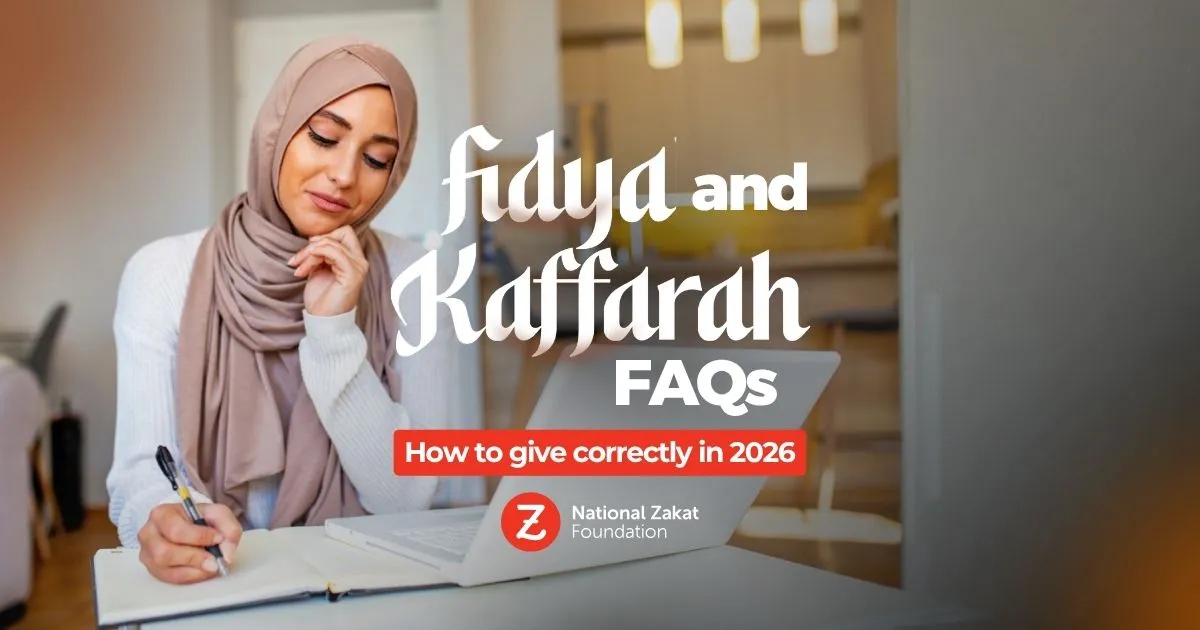 A woman in a hijab writes in a notebook with a laptop open beside her. Text overlay reads "Fidya and Kaffarah FAQs: How to give correctly in 2026." Calm and focused tone.