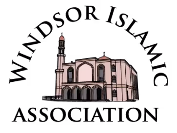 A stylized, light pink mosque illustration featuring a single tall minaret on the left, arched entryways on the ground floor, and a small dome on the roof, set against a solid black background.