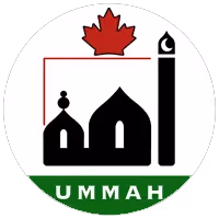 Circular logo featuring a black silhouette of a mosque with a minaret, topped by a red Canadian maple leaf. Below the mosque, a green horizontal band contains the white text "UMMAH".