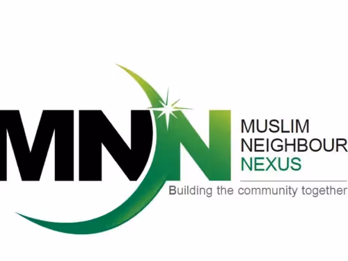 The logo for Muslim Neighbour Nexus (MNN) features the letters "MN" in black and a green "N" accented by a stylized star and crescent, accompanied by the tagline "Building the community together."