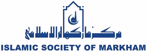 The logo for the Islamic Society of Markham features a blue stylized arch containing a crescent moon and mosque silhouette, with Arabic calligraphy and the English text "ISLAMIC SOCIETY OF MARKHAM" below.