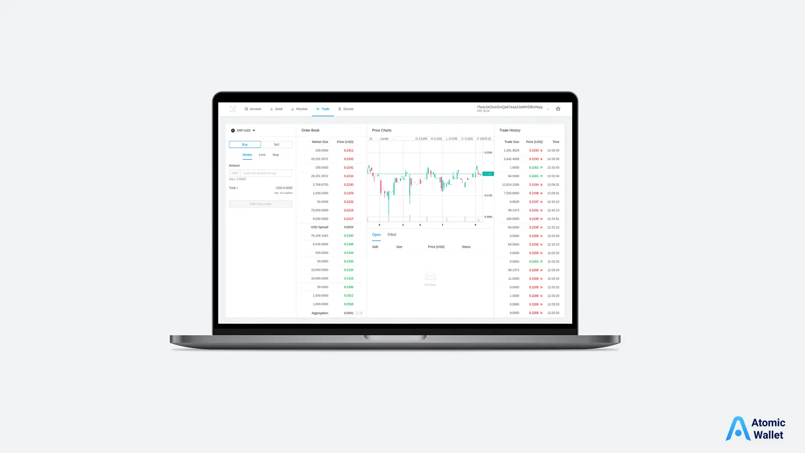 XRP Toolkit decentralized exchange trading interface with order book and price charts on laptop screen