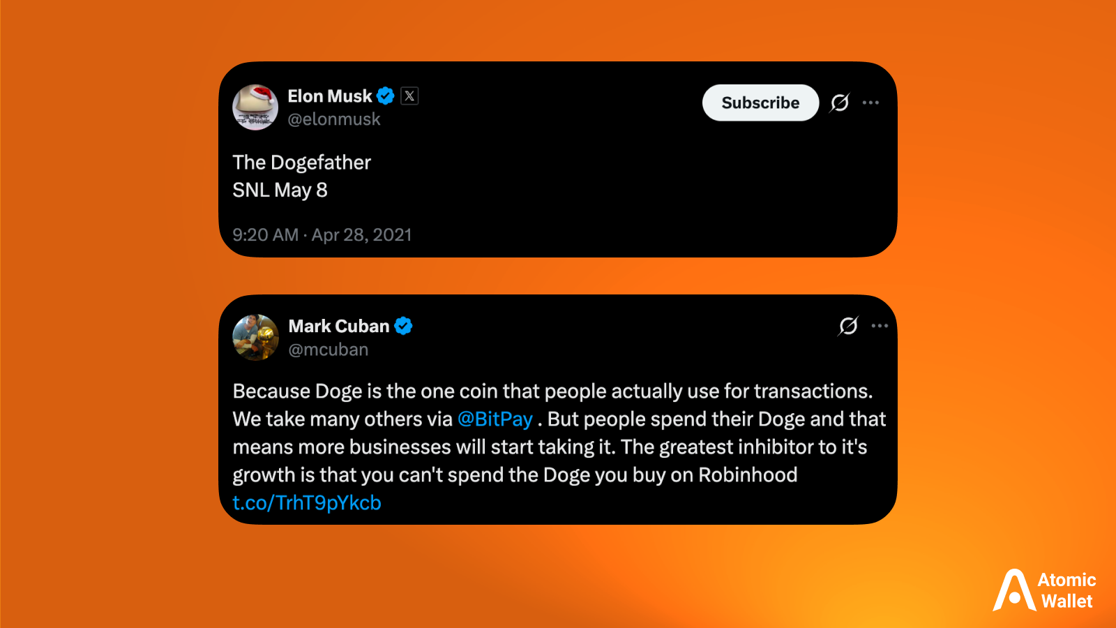 Screenshots of viral tweets from Elon Musk and Mark Cuban endorsing Dogecoin. Musk refers to himself as "The Dogefather," while Cuban highlights Dogecoin's utility for daily transactions.