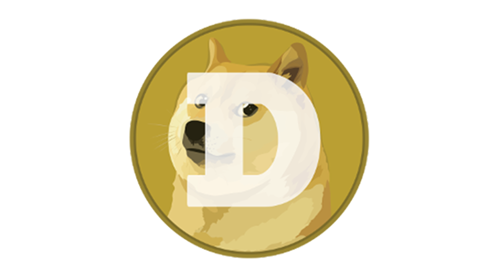 The official Dogecoin cryptocurrency logo featuring a Shiba Inu dog face on a gold background with a large white letter "D" overlaid in the center.
