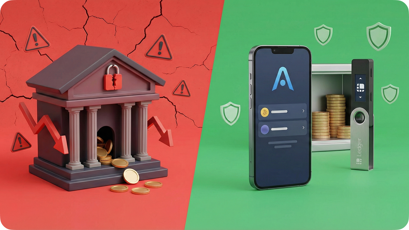 Split-screen illustration comparing risky custodial exchanges with secure non-custodial wallets like Atomic Wallet