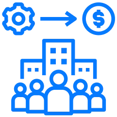 Business solutions service icon: team of people with a gear and an arrow towards revenue.

