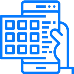 Mobile app development service icon: hand holding a smartphone with an app grid overlay.