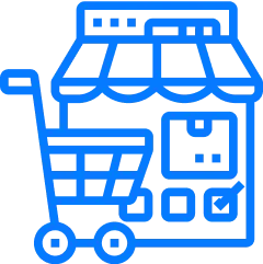 Marketplace development service icon: storefront with shopping cart for online store builds.

