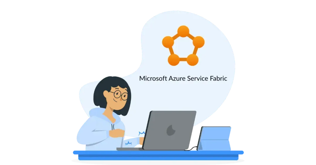 Illustration of developer using laptop with Azure Service Fabric logo, representing enterprise microservices on Azure.