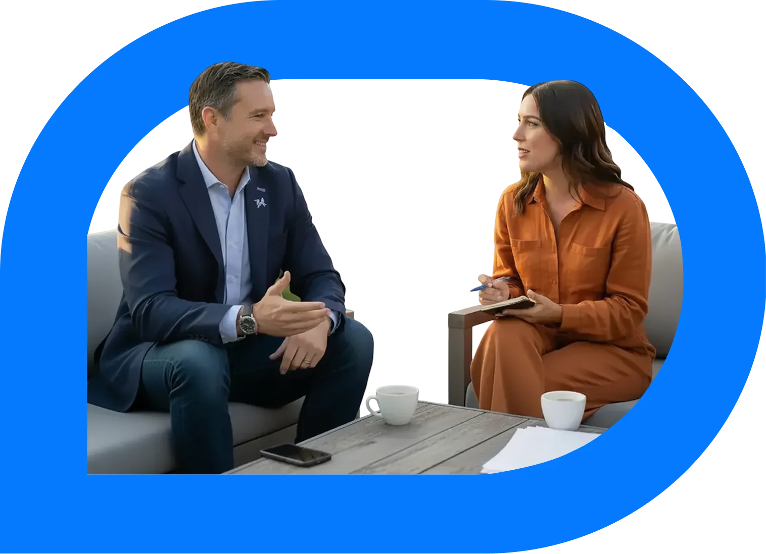 A professional discussion highlighting strategic patterns, framed by a blue logo with a man and woman collaborating.