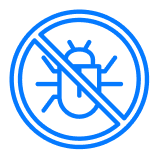 Blue circle with a bug icon crossed out by a diagonal line