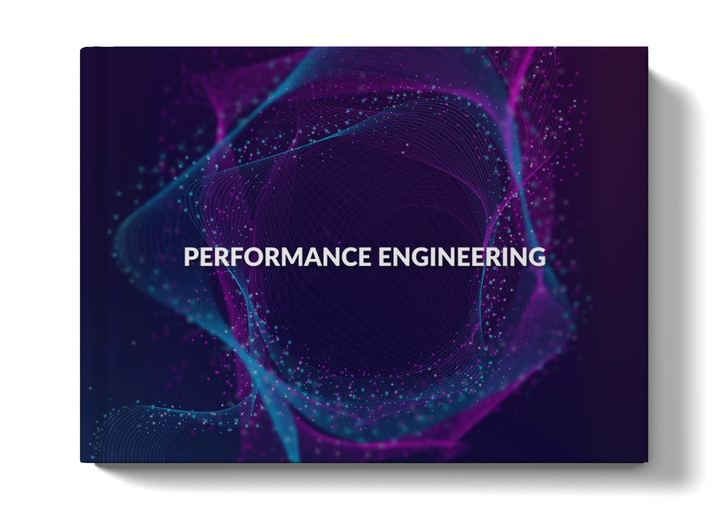 Abstract digital wave pattern with glowing blue and purple lines and dots surrounding the text 'PERFORMANCE ENGINEERING'.