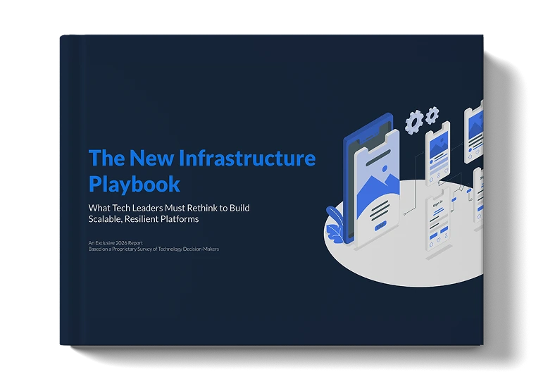 Cover of a report titled 'The New Infrastructure Playbook' with subtext about tech leaders building scalable, resilient platforms, alongside an illustration of digital devices and settings icons.