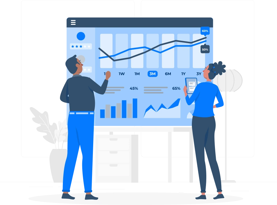 Two people analyzing charts and graphs on a large screen with data over time and percentages.