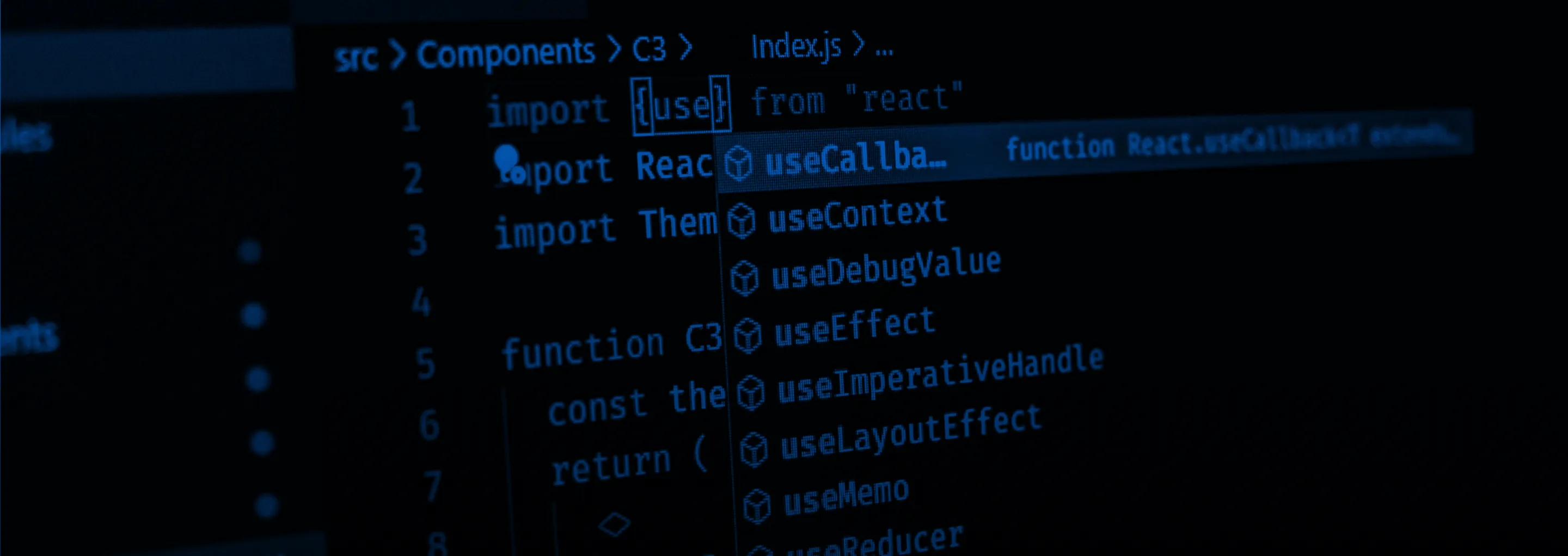 Close-up of a code editor showing React Hooks auto-complete suggestions on a dark screen.