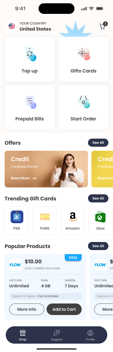 Cobalt shop — top-ups, gift cards, and prepaid bills in one app