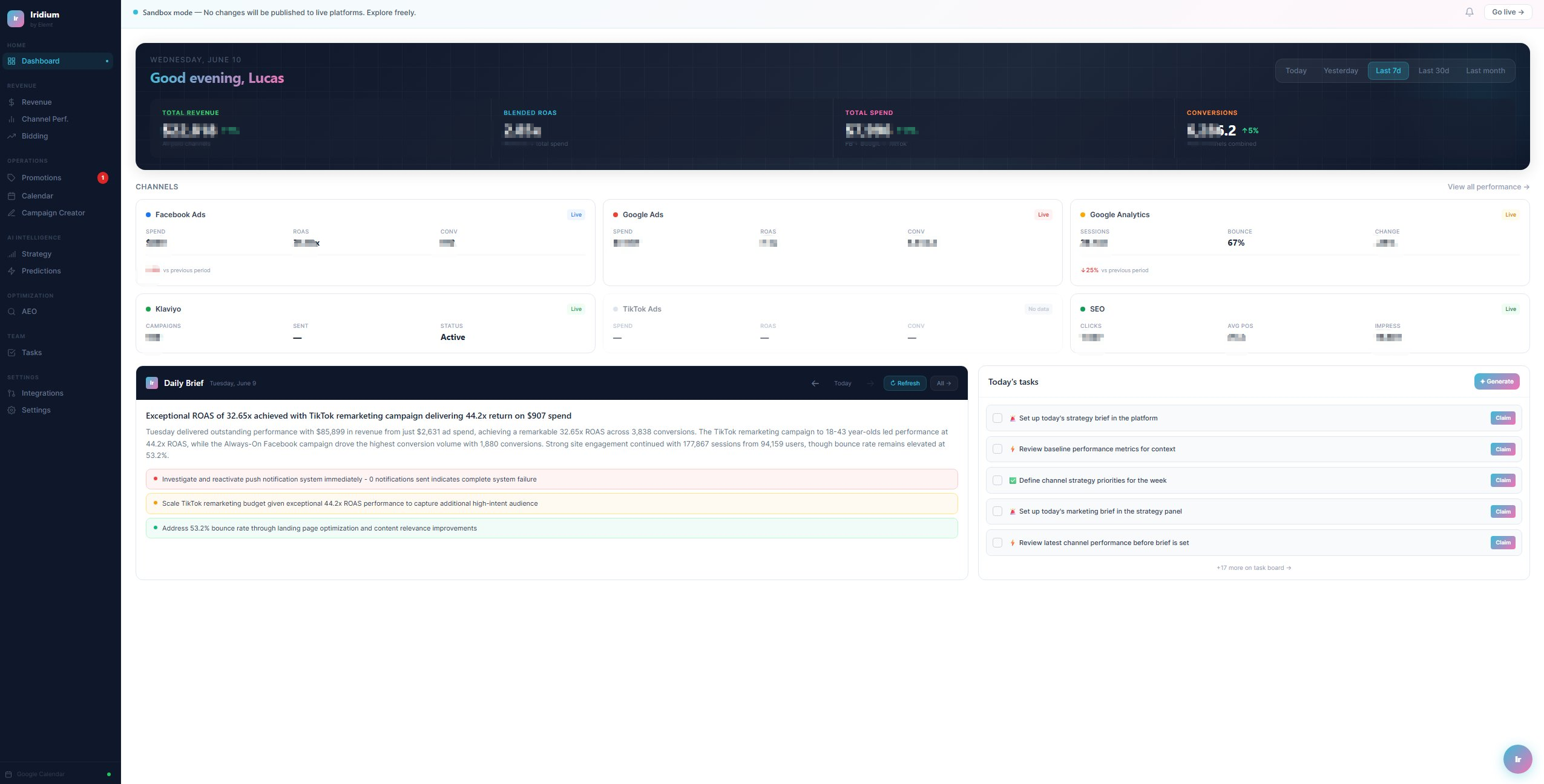 Iridium dashboard — revenue, channels, AI daily brief