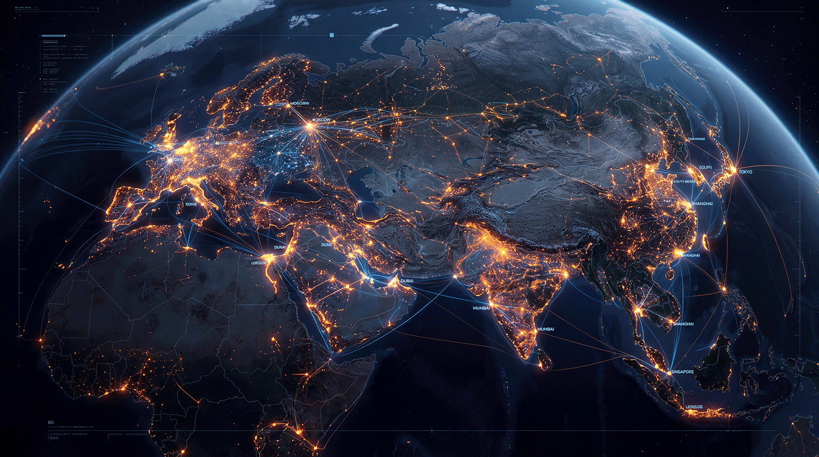 Global network connections across four continents