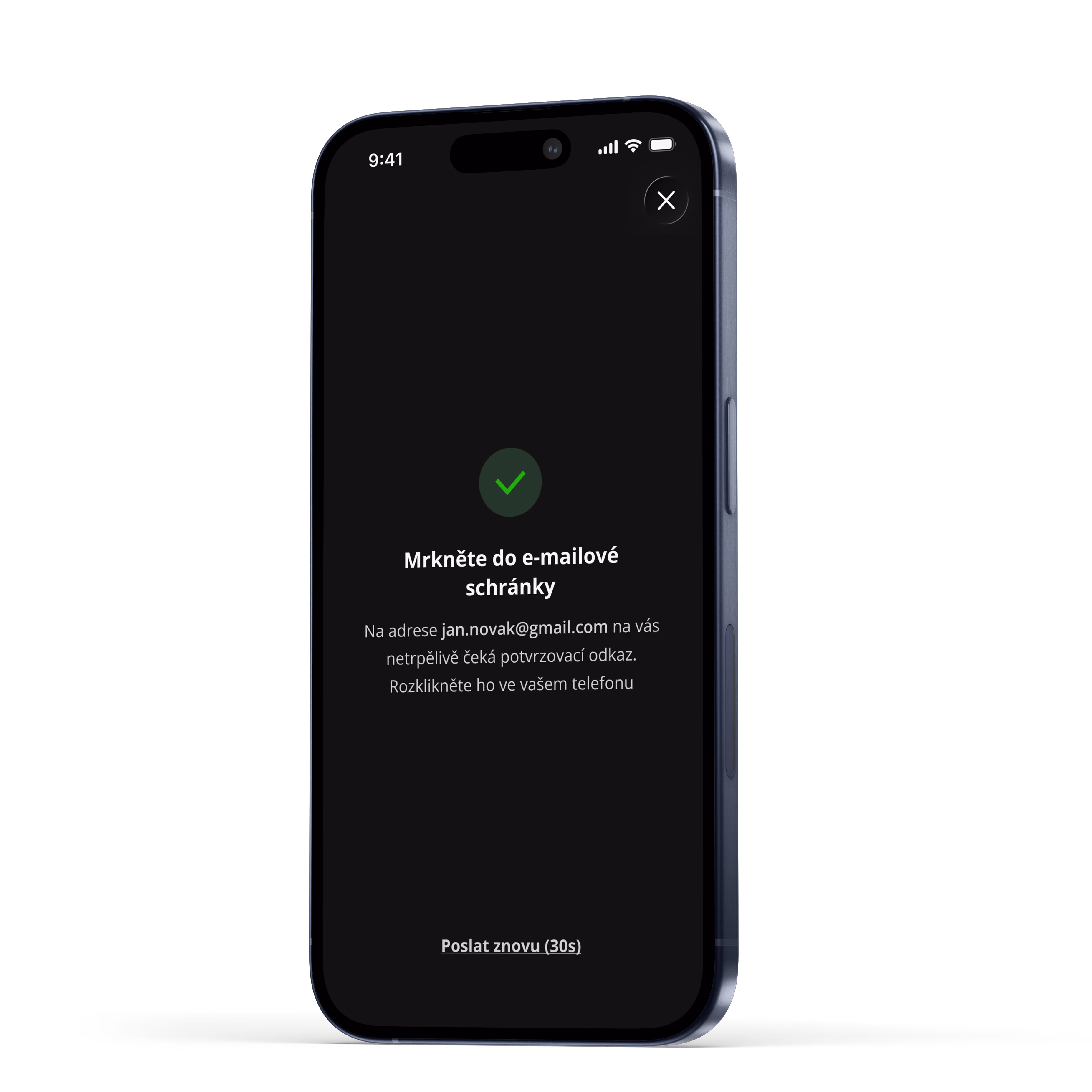 Obrazovka smartphonu zobrazující zprávu s výzvou ke kontrole e-mailové schránky, zda obsahuje potvrzovací odkaz zaslaný na adresu jan.novak@gmail.com, se zeleným zaškrtnutím a ikonou obálky s oznamovacím odznakem 1.
