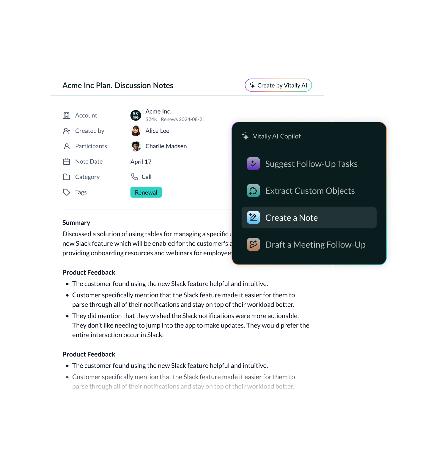 Vitally AI Summary with AI Copilot Action Menu