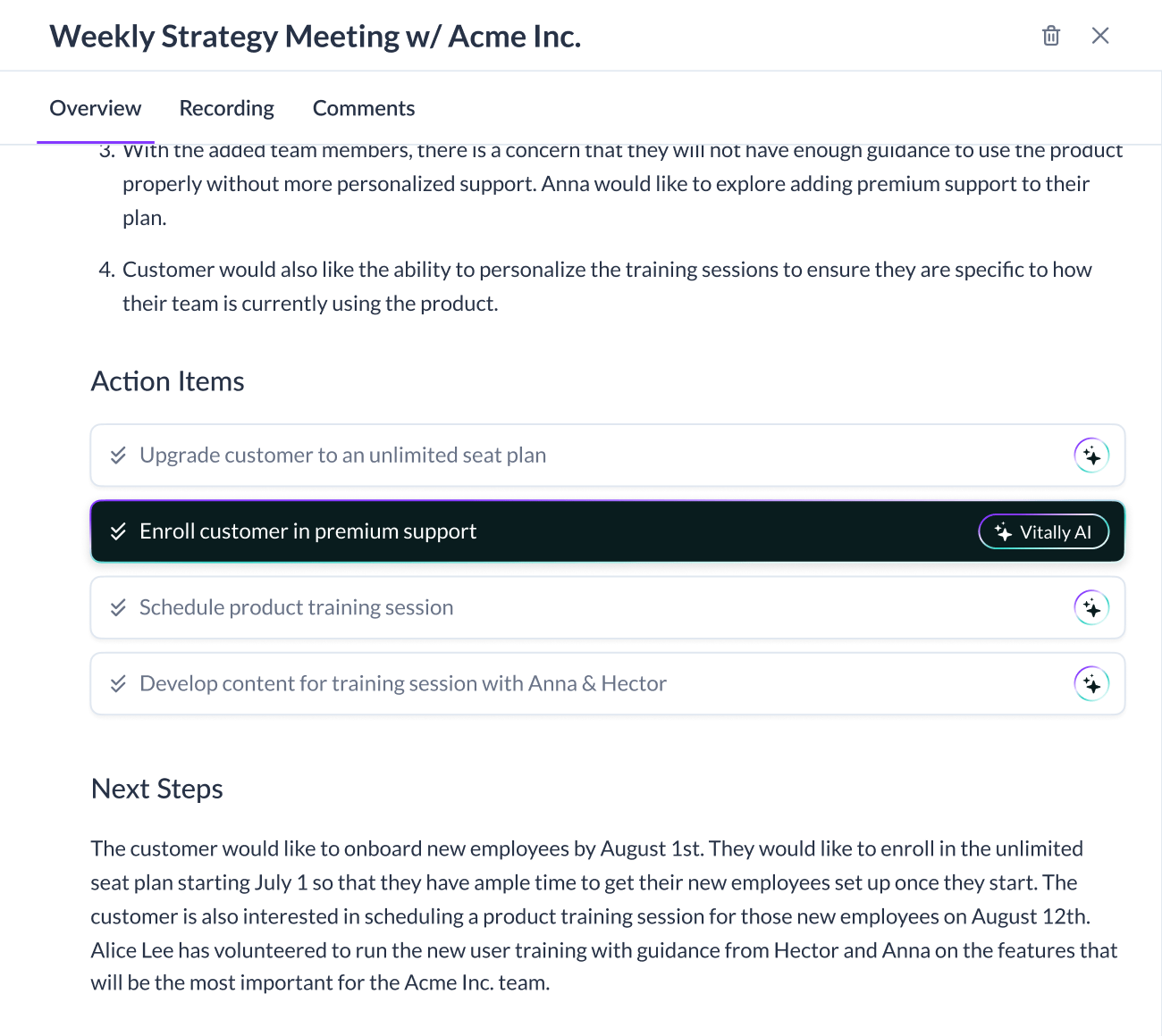 Vitally AI Meeting Overview with Suggested Tasks