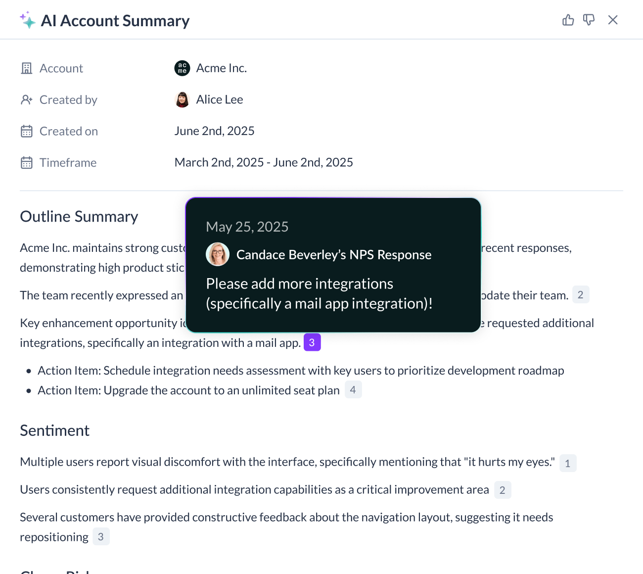 Vitally AI Account Summary with a Hover Citation
