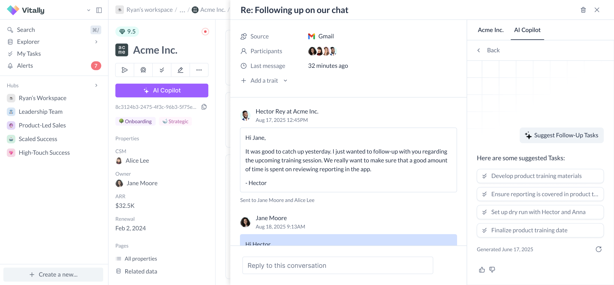 Screenshot of Vitally's Ask AI being used to create follow-up tasks based on a customer conversation