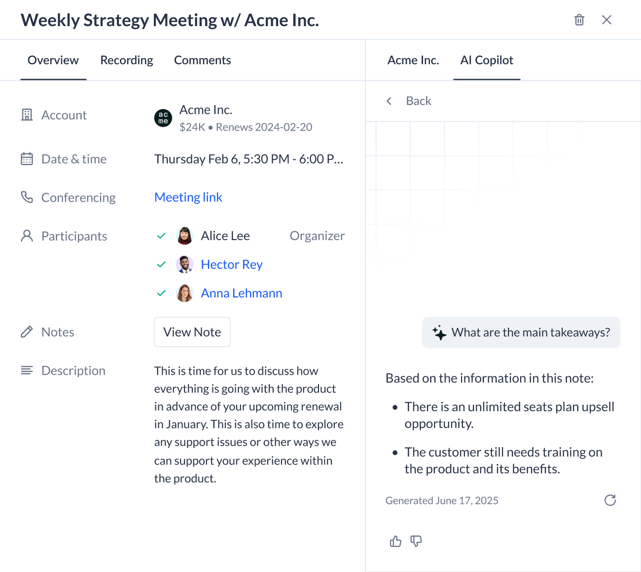 Screenshot of Vitally's Ask AI being queried to provide the main takeaways of a meeting