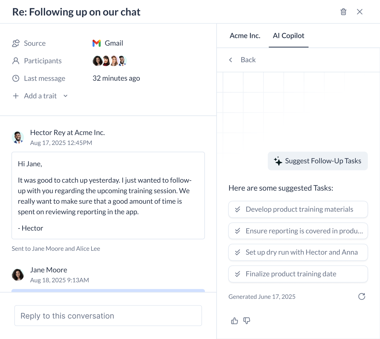 Screenshot of Vitally's Ask AI being used to create follow-up tasks based on a customer conversation