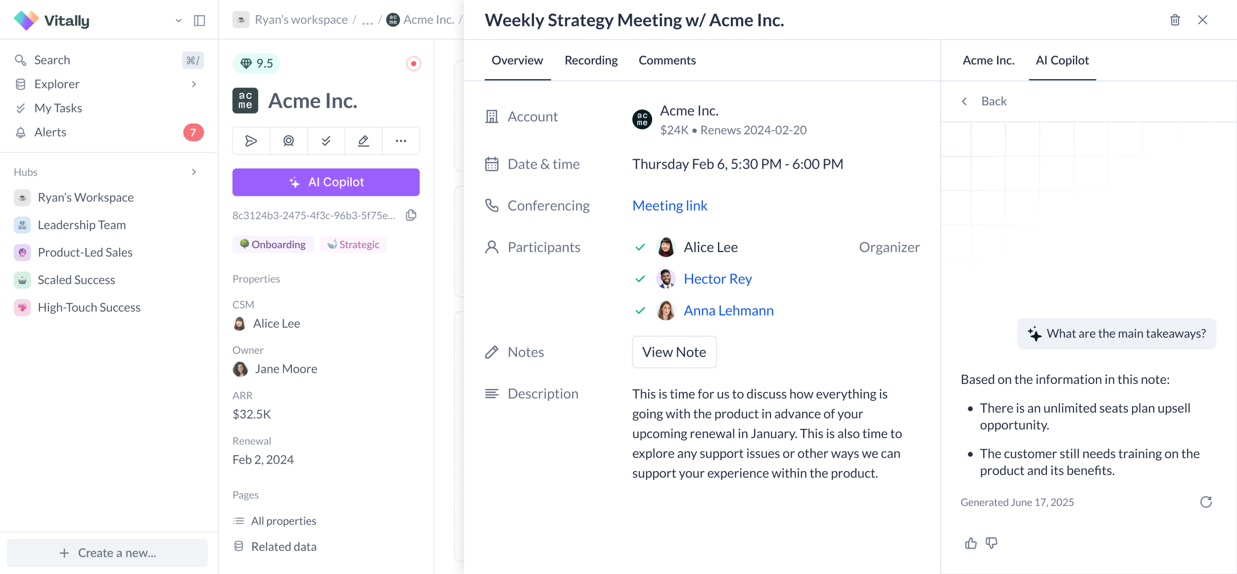 Screenshot of Vitally's Ask AI being queried to provide the main takeaways of a meeting