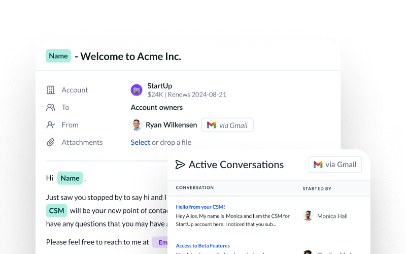 Mini screenshot of a conversation in Vitally as well as a list of active conversations