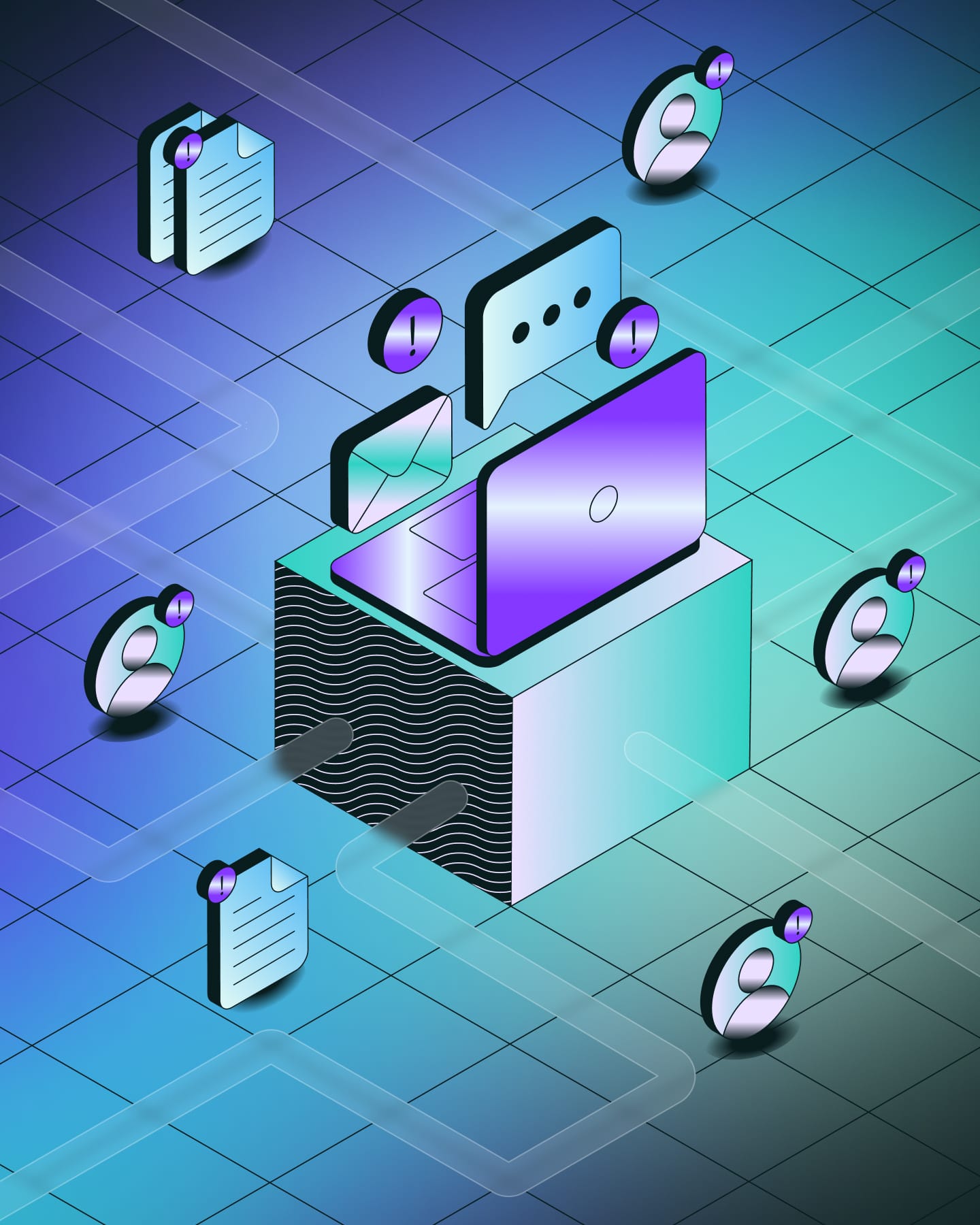 Illustration of a laptop surrounded by icons of people with alerts