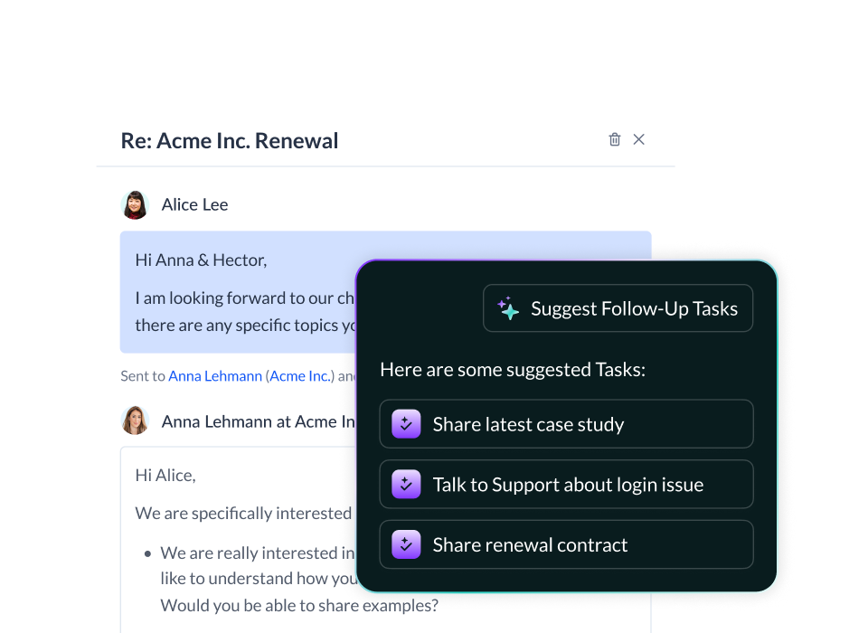 Product image of AI suggested follow-up tasks based on a conversation within Vitally
