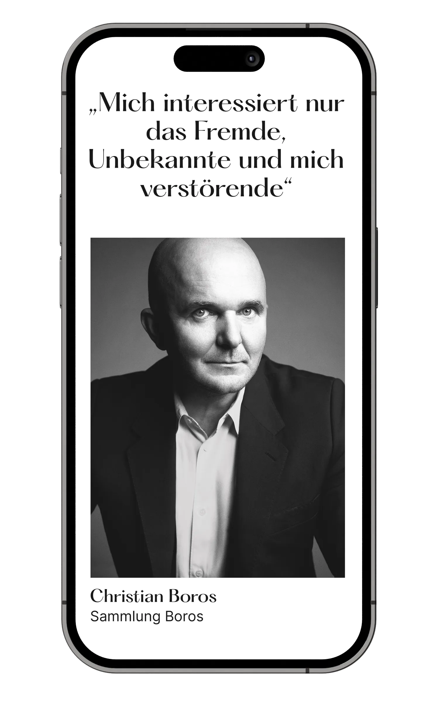 phone showing black and white image of an art collector