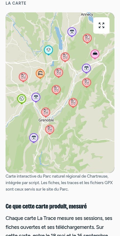 La carte de Chartreuse intégrée par script sur un iPhone, en hauteur réduite avec bouton plein écran