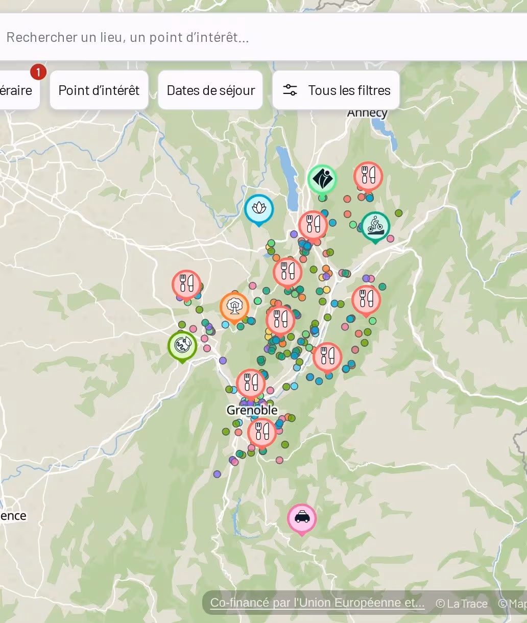 Carte interactive du Parc naturel régional de Chartreuse intégrée sur un site web, avec itinéraires et points d'intérêt