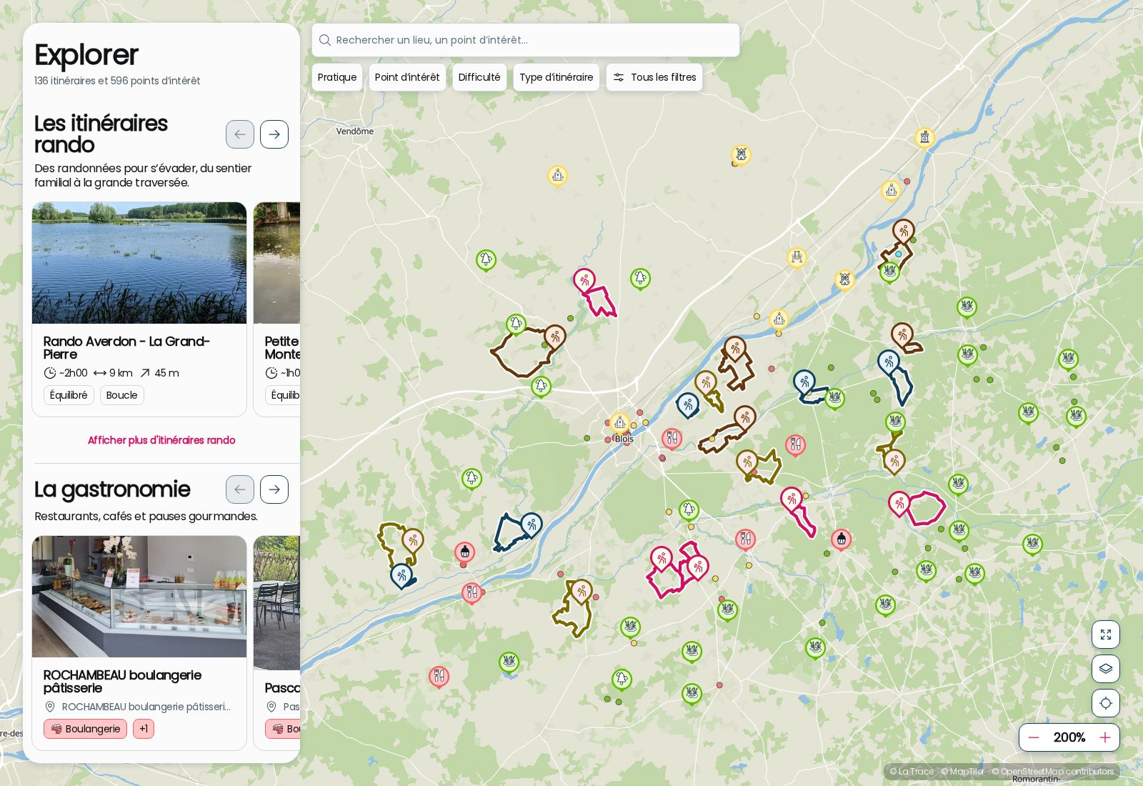 La carte de l'Office de Tourisme Blois Chambord : boucles de randonnée autour de Blois et lieux de gastronomie