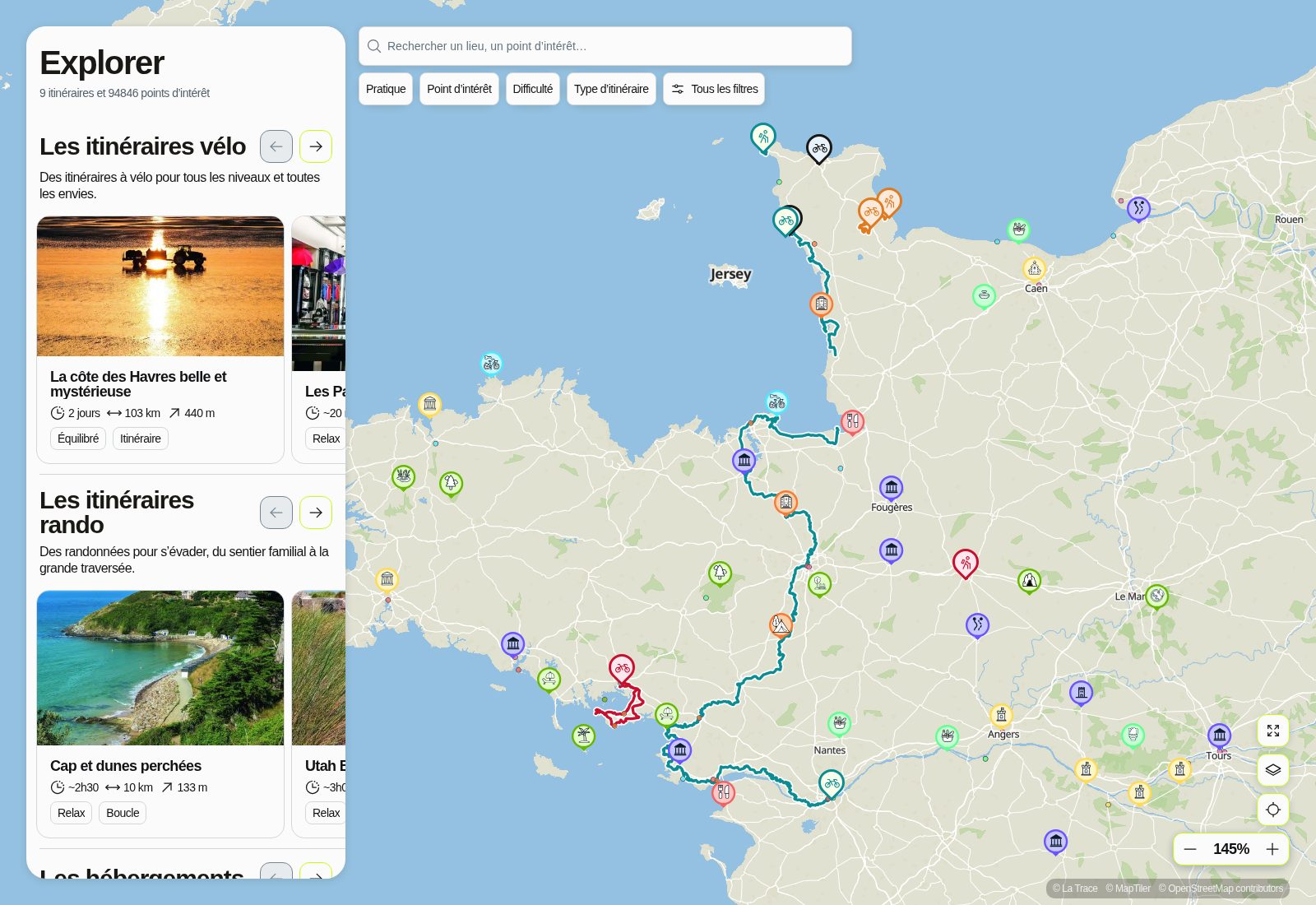 La carte d'Ouest-France : itinéraires vélo et randonnée de Normandie et de Bretagne, du Cotentin à Nantes