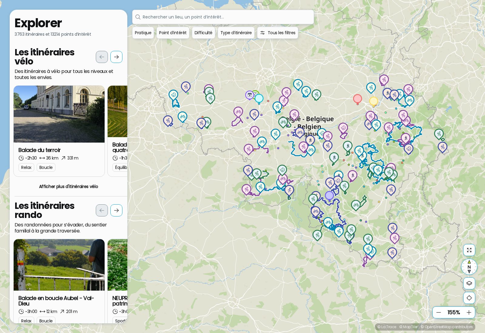 La carte des itinéraires de VISITWallonia : boucles vélo et randonnée sur toute la Wallonie