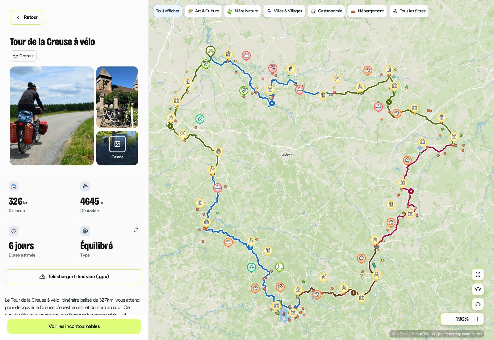 Le Tour de la Creuse à vélo ouvert sur sa fiche : 326 km en 6 jours, étapes numérotées sur la carte de Creuse Tourisme