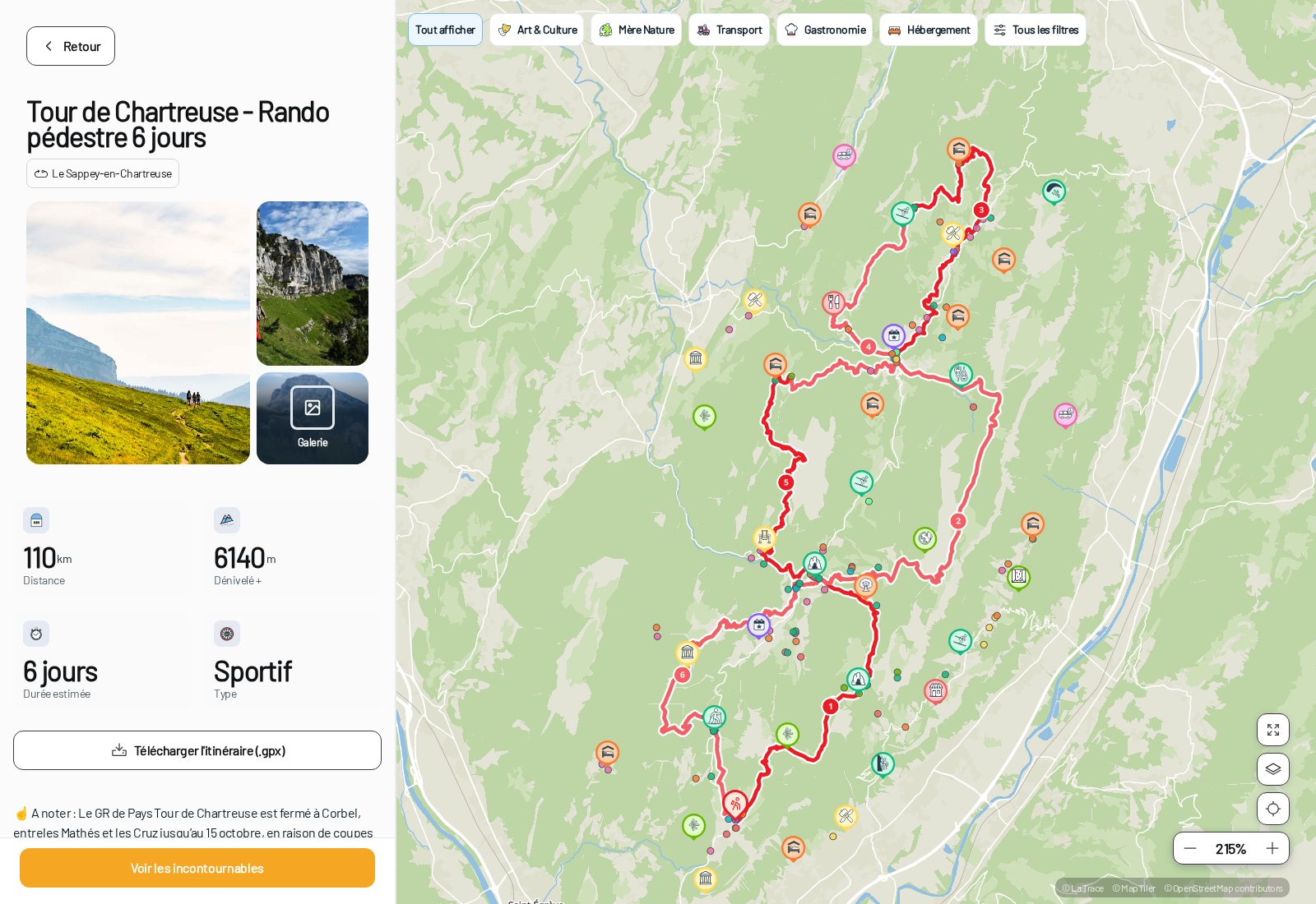 Le Tour de Chartreuse, randonnée de 6 jours, ouvert sur sa fiche avec ses étapes et ses hébergements sur la carte