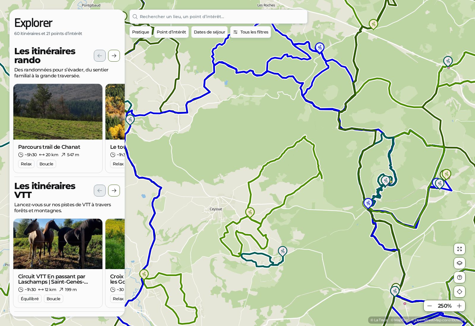 Une carte de Puy-de-Dôme Tourisme autour de Ceyssat : itinéraires de randonnée et de VTT de la Chaîne des Puys