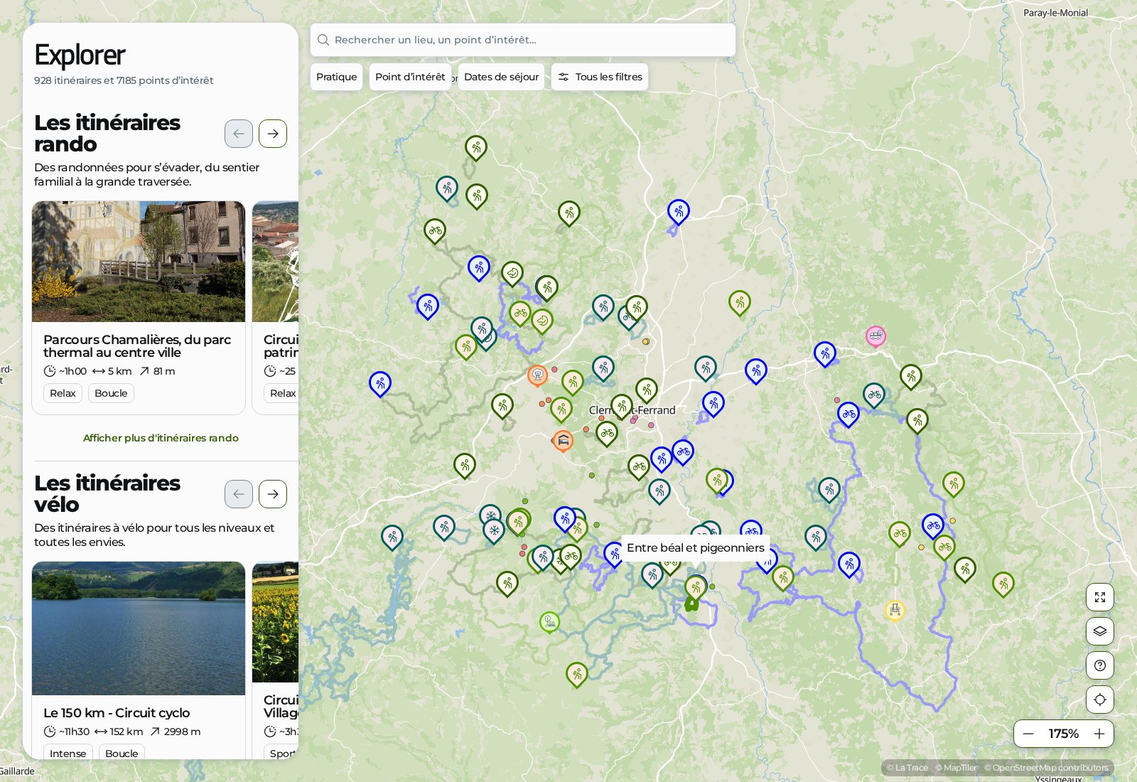 La carte de Puy-de-Dôme Tourisme : 928 itinéraires de randonnée et de vélo autour de Clermont-Ferrand
