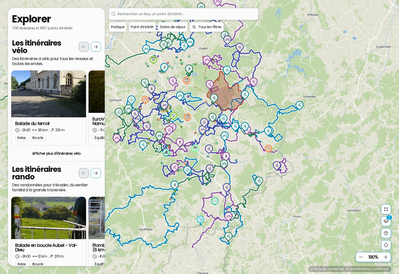 La carte des Hautes Fagnes de VISITWallonia : itinéraires vélo et randonnée, et le périmètre de l'incendie en calque