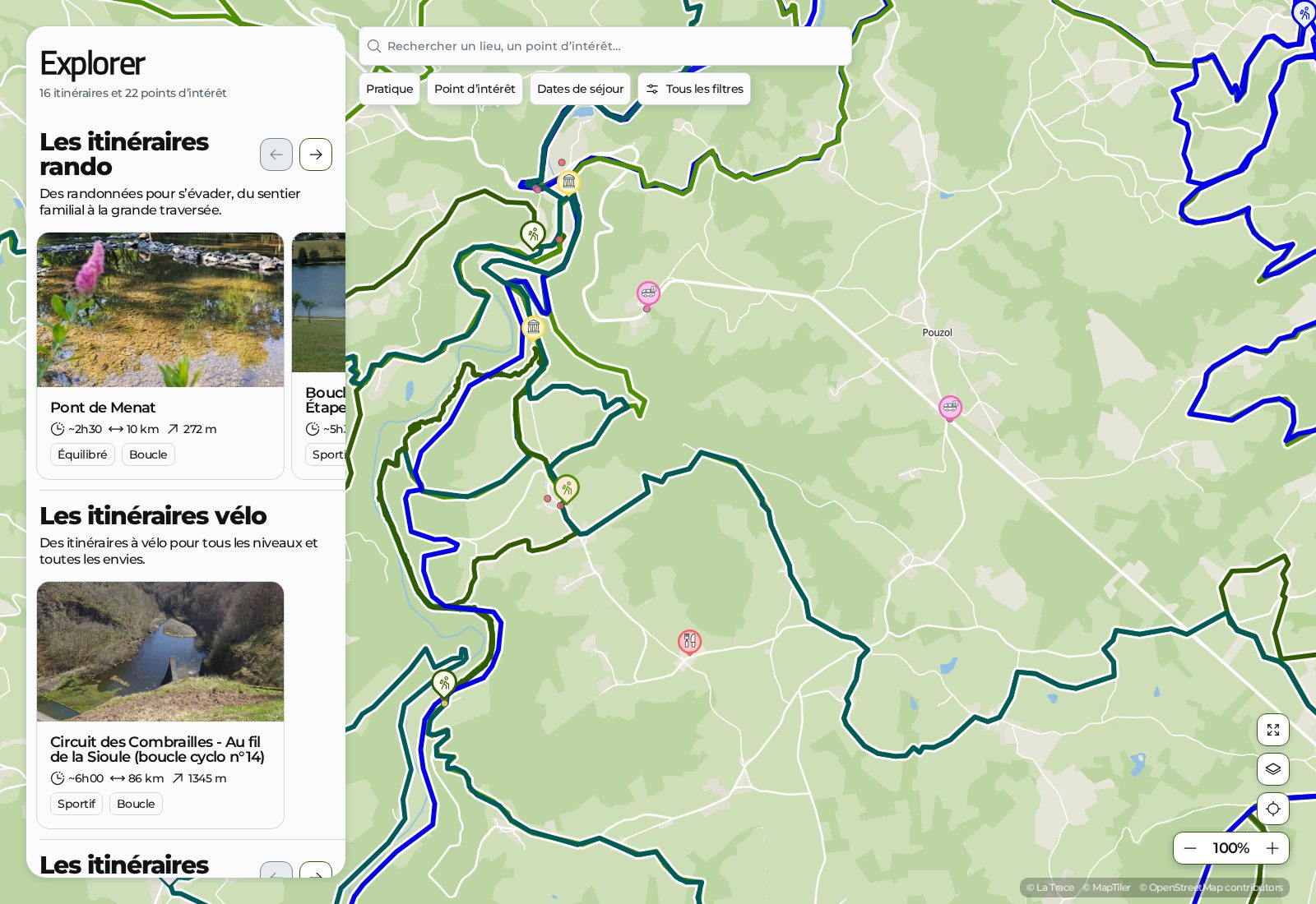 La carte de Saint-Rémy-de-Blot par Puy-de-Dôme Tourisme : quelques boucles de randonnée et de vélo dans les gorges de la Sioule, et les lieux à visiter